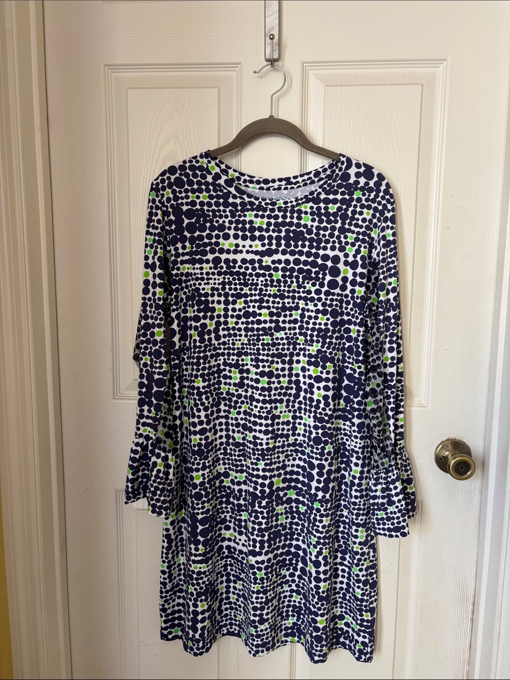 IBKUL Navy and White Dot-Print Long Sleeve Dress with Lime Accents